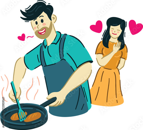 Man cooking sausages for woman both with hearts indicating affection