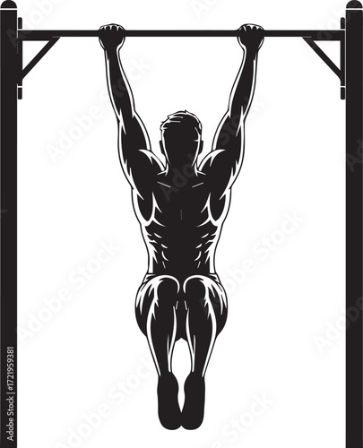 Muscular fitness athlete silhouette performing pull-ups on a bar for strength training