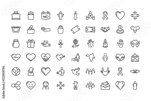 Giving Tuesday charity and donation line art icon collection featuring hearts, hands, gifts, volunteer support, fundraising, nonprofit care, global generosity, kindness and community support symbols.