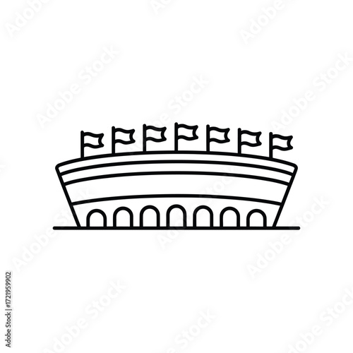 Simple outline drawing of a sports stadium with flags flying on top