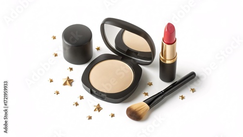 Playful Pastel Flatlay of Makeup Products and Decorative Stars in Bright Aesthetic Composition