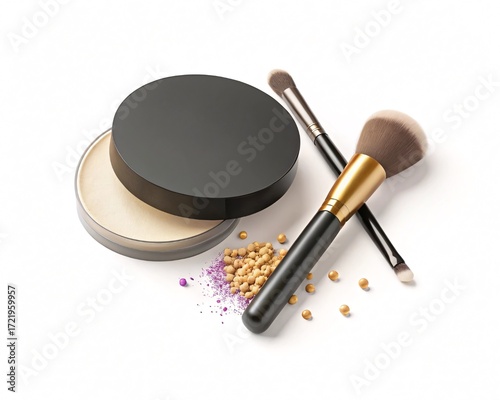Elegant Beauty Flatlay with Purple Makeup Powder and Professional Brushes on Pastel Pink Surface