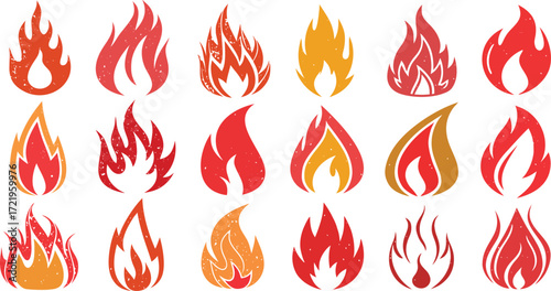 Collection of flame icons in red and orange colors, decorative fire symbol set for hot energy, burning heat, passion, danger, and creative design elements in vector illustration.