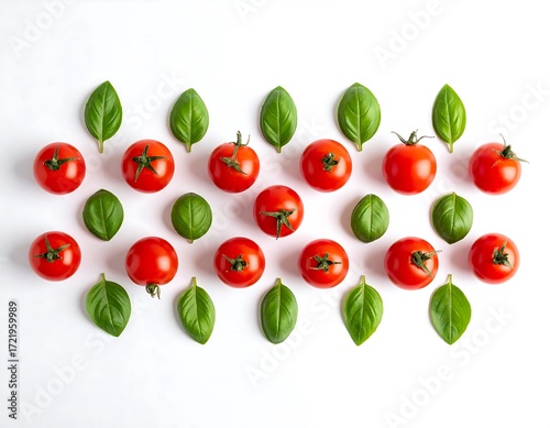 Wallpaper Mural Fresh red cherry tomatoes and basil leaves arranged in a pattern Torontodigital.ca