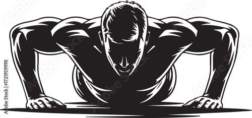 Muscular fitness athlete silhouette performing push-ups intense strength training workout concept