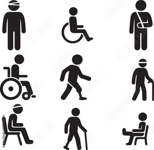 Stickman Disabled and Injury Icon Set Vector Silhouettes with Crutches, Bandages, Prosthesis, Wheelchair for Medical Design