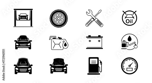 A comprehensive set of monochrome line icons representing various aspects of car service, auto repair, and vehicle maintenance