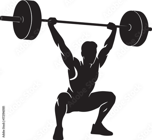 Fitness athlete silhouette lifting heavy barbell overhead squatting powerful gym workout
