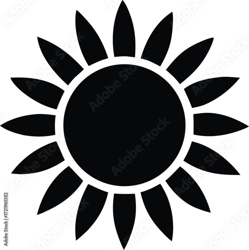 Bold black sun icon symbol simple graphic representation floral petal shape radiance energy nature celestial body solar power warmth