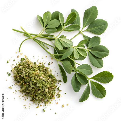 Dried fenugreek leaves, known as Kasuri Methi, isolated on a white background, used as a flavorful herb
