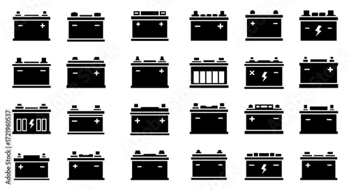 A comprehensive collection of black and white car battery icons, showcasing various designs and terminal types for automotive power sources
