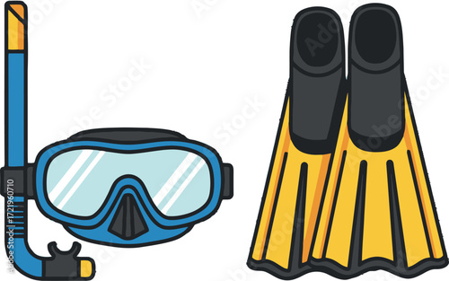 Vibrant Flat Illustration of Essential Snorkeling and Diving Gear Set, Featuring a Mask, Snorkel, and Fins, Ready for Aquatic Adventures and Summer Water Sports