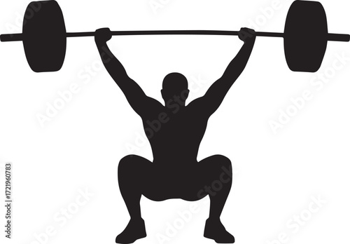 Silhouette of a powerful fitness athlete performing an overhead barbell squat lifting weights