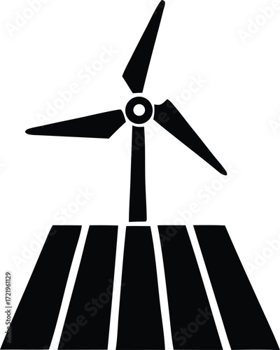 Clean energy icon set featuring wind turbine and solar panels for sustainable power generation concepts