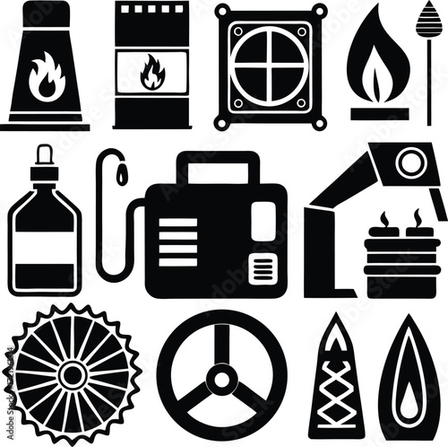 Industrial energy icons set featuring fuel barrels generators fans flames and more for design projects