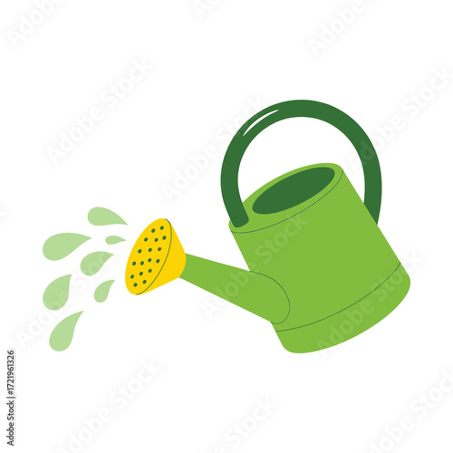 Bright green watering can with yellow sprinkler head pouring water droplets