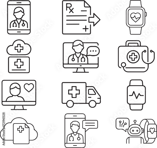 Telemedicine and Remote Healthcare Line Icon Set Online Doctor, E-Prescriptions, Remote Monitoring, Virtual Care Symbols