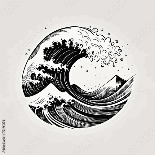 A stylized, black and white illustration of a powerful ocean wave cresting and breaking, with smaller waves and foam details, set against a subtle background.