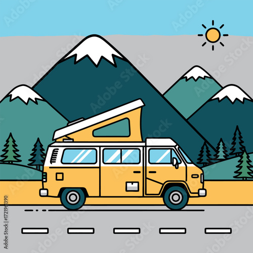 Yellow van and majestic mountain landscape A journey through nature in a comfortable vehicle