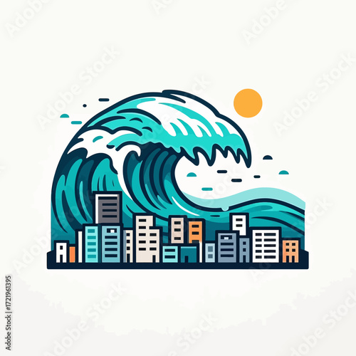 A stylized illustration of a massive tsunami wave towering over a modern city skyline under the sun.