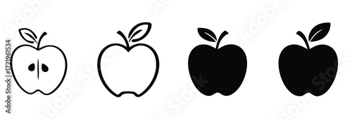 Vector art of apple icon evolution from detailed outline to solid silhouette on white background 
