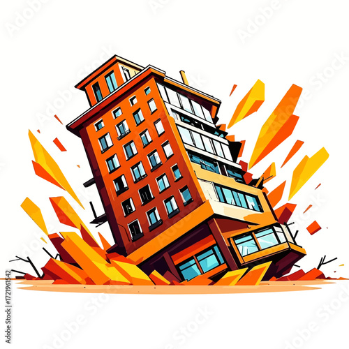 A stylized illustration of a building collapsing, with orange debris exploding outwards.