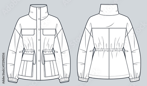 Parka Jacket with high collar Technical Fashion Illustration. Utility Jacket fashion flat technical drawing template, drawstring waist, oversize, front, back view, white, women, men, unisex CAD mockup