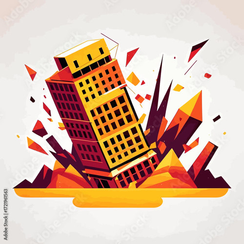 Abstract illustration of a tall building collapsing, surrounded by debris and geometric shapes.