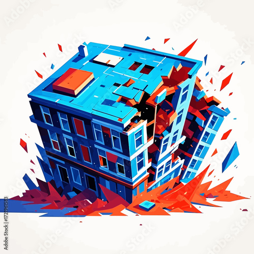 A stylized, geometric building in the process of collapsing, with debris scattering outwards.