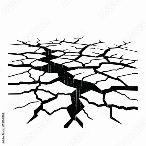A stark black and white illustration depicting a ground surface deeply fractured with a prominent, wide crack running through the center.
