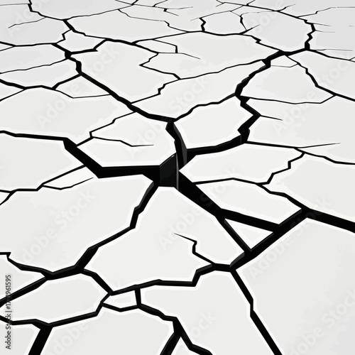 A stark, abstract composition showcasing a white surface fractured by deep, dark cracks, suggesting breakage and fragmentation.