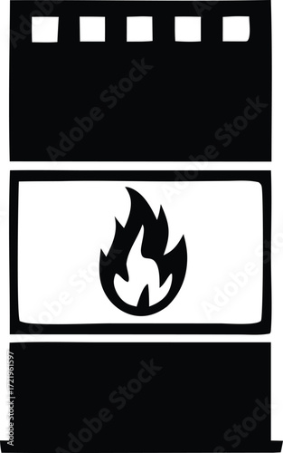 Black and white simple icon of a barrel with a flame symbol for flammable hazardous materials and energy storage concepts