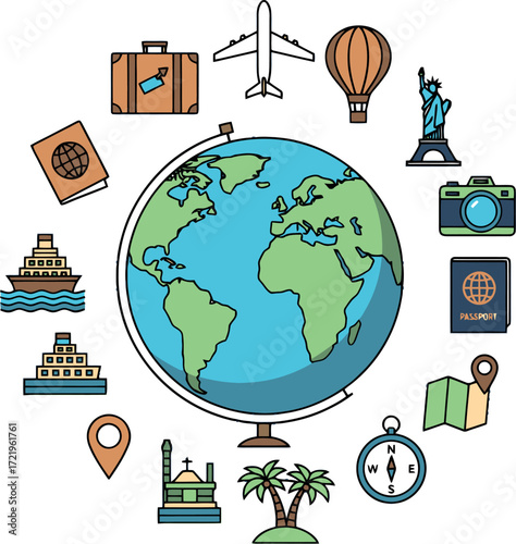 A diverse collection of colorful travel and tourism icons surrounding a world globe vector illustration asset