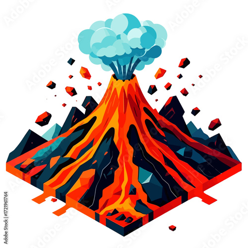 A vibrant isometric illustration depicts a fiery volcano erupting with molten lava, ash clouds, and flying debris against a dark, angular landscape.