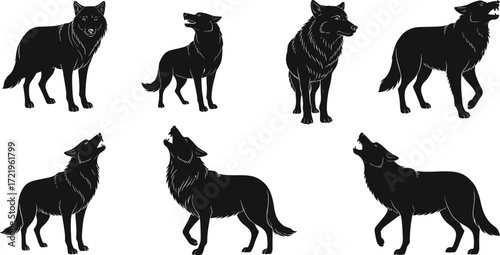Stylized wolf silhouettes — seven black illustrations showcasing natural poses including howling, walking, standing, and alert behaviors