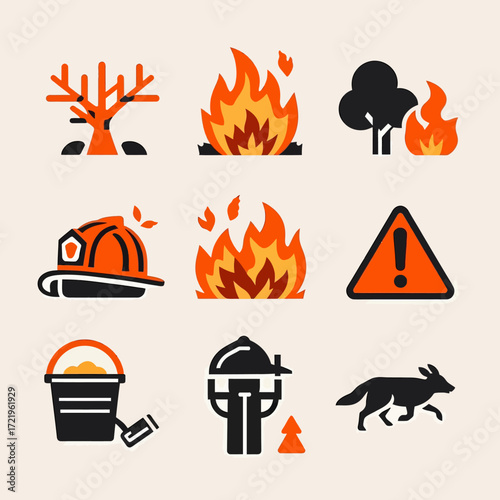A collection of icons depicting wildfires, fire safety equipment, and related elements like burning trees, flames, a firefighter helmet, and a warning sign.