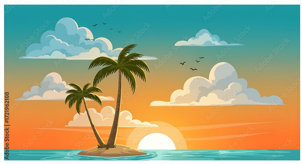 Fototapeta premium Vibrant tropical sunset with palm trees and fluffy clouds over the ocean