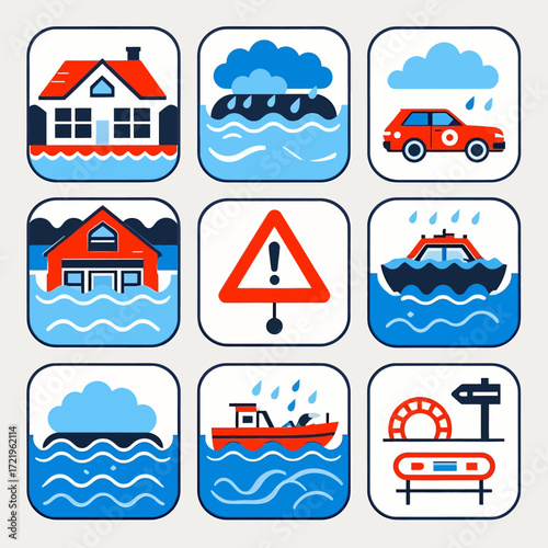 A collection of nine flat design icons depicting a flood disaster, including submerged houses, heavy rain, a warning sign, and rescue boats.