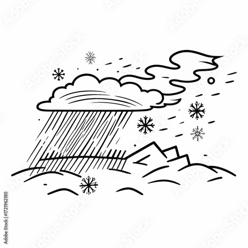 Stylized black and white illustration depicting a cloud simultaneously raining and snowing over a winter mountain landscape with falling snowflakes.