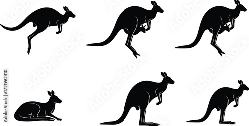 Kangaroo silhouette illustration, animal pose design, wildlife vector art, hopping kangaroo graphic, blue outline style, Australian fauna concept