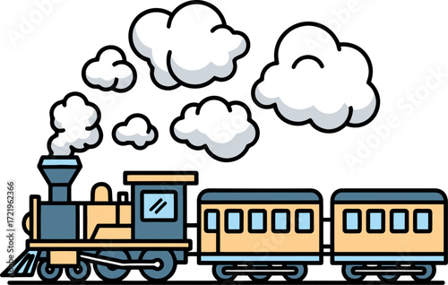 Colorful cartoon vector illustration of a vintage steam train with carriages, chugging along and puffing smoke. Ideal for kids' books and transport themes