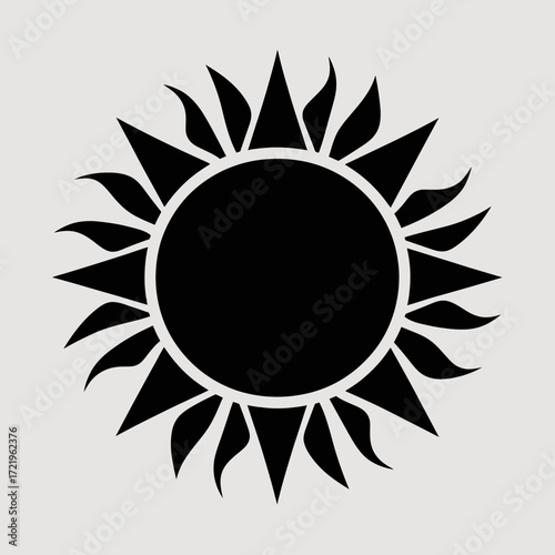 A black silhouette of a stylized sun with alternating sharp and wavy rays on a light grey background.