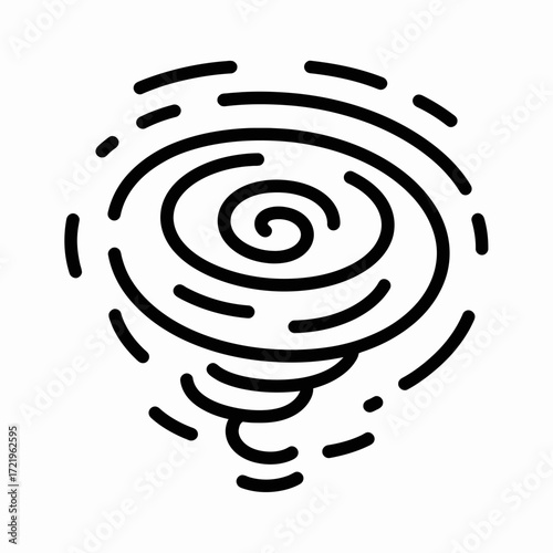 A stylized black and white illustration depicting a swirling vortex or tornado.