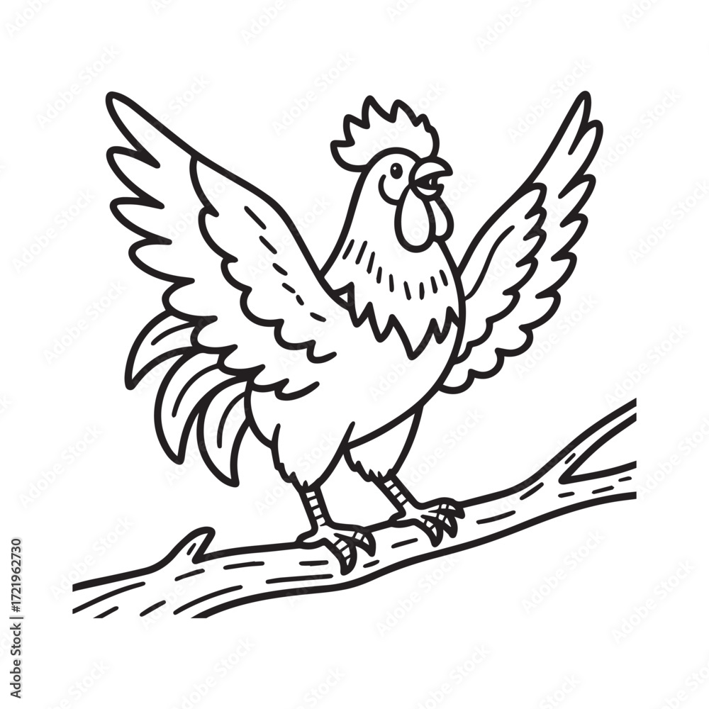 Fototapeta premium A line drawing of a happy rooster perched on a branch, spreading its wings wide.