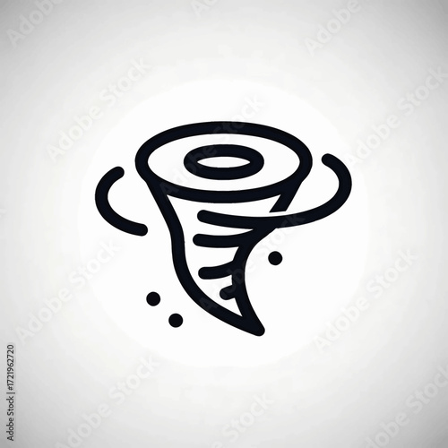 A stylized, minimalist line art icon depicting a swirling tornado with debris, symbolizing a powerful weather phenomenon.