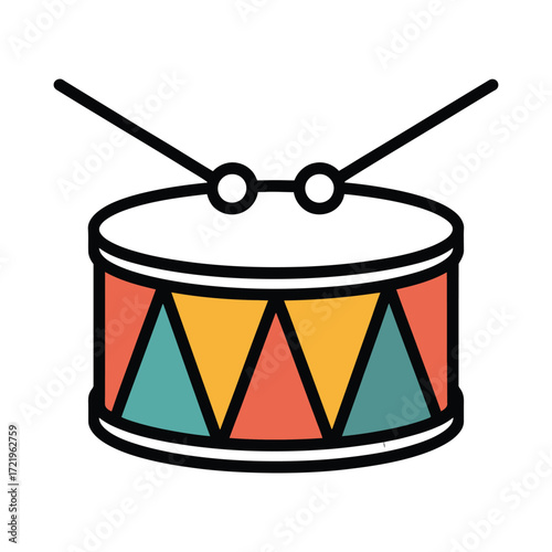 Brightly colored toy drum with drumsticks ready for music and play