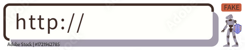Address bar with typed URL, fake label identified, and robotic guard symbolizing online threat prevention. Ideal for cybersecurity, fraud detection, safe browsing, online safety, technology