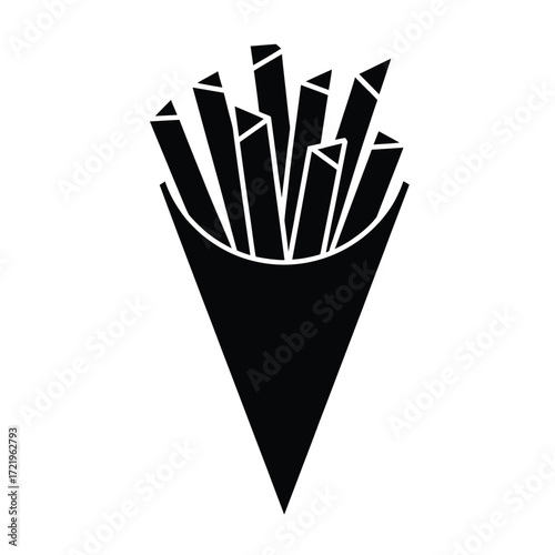 Black silhouette of french fries in a paper cone on white background