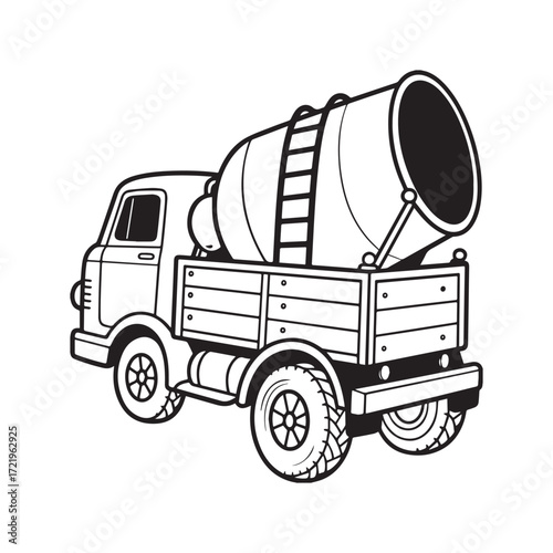 A black and white line art illustration of a vintage concrete mixer truck.