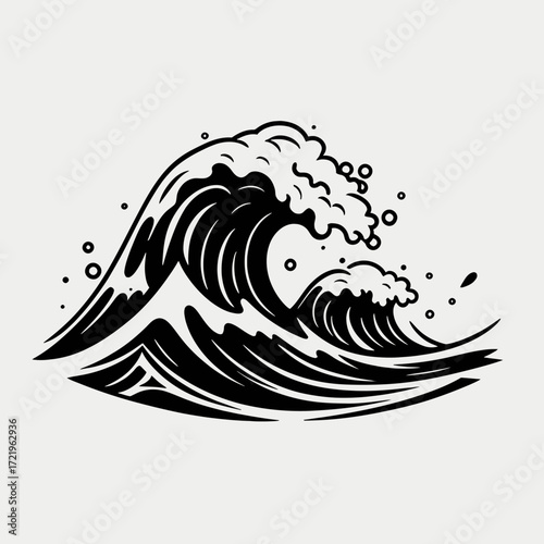 A powerful ocean wave cresting in a bold, black and white Japanese woodblock art style.